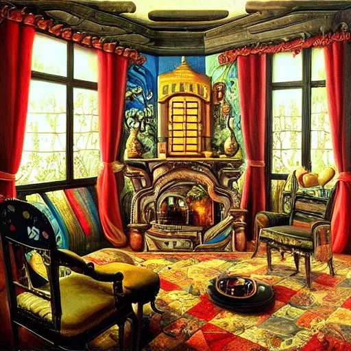 Image similar to a painting of a living room filled with furniture, a surrealist painting by jacek yerka, cgsociety, fantastic realism, maximalist, surrealist, detailed painting