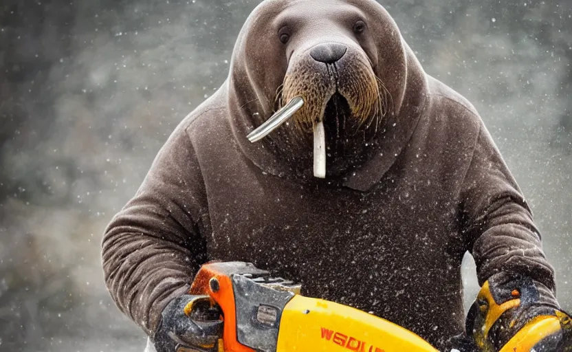 Prompt: walrus holding a chainsaw, extremely detailed, high quality, 8 k, nature photography,