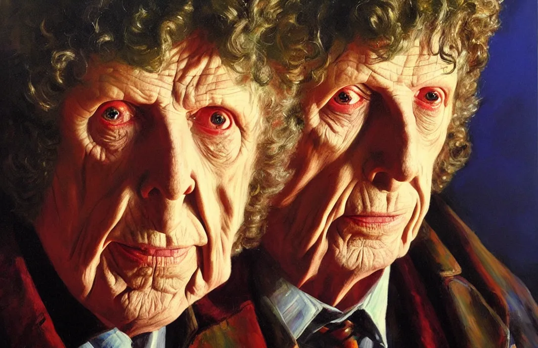 Prompt: portrait of tom baker as dr. who!!!!!!!!!!!!!!!!!!!!!!!!!!!, detailed face, detailed painting, epic lighting, by ilya repin, phil hale and kent williams