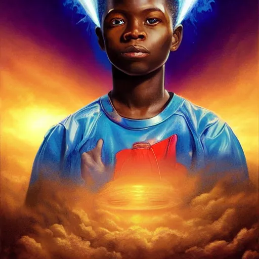 Prompt: upper half portrait of an african boy inside a group of clouds, mecha robots behind - surrounded by bolts of lightning with rays of light emanating from clouds - in drew struzan movie poster style, art by drew struzan, highly detailed, digital painting, ray tracing, illustration, smooth, sharp focus, intricate, symmetry, artstation,