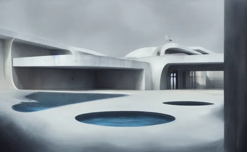 Image similar to painting of exterior shot of a white concerete brutalist house architecture with big pools designed by zaha hadid and peter zumthor by darek zabrocki, greg ruthkowski, cinematic and cold atmospheric, archillect concept art, artstation, trending on artstation