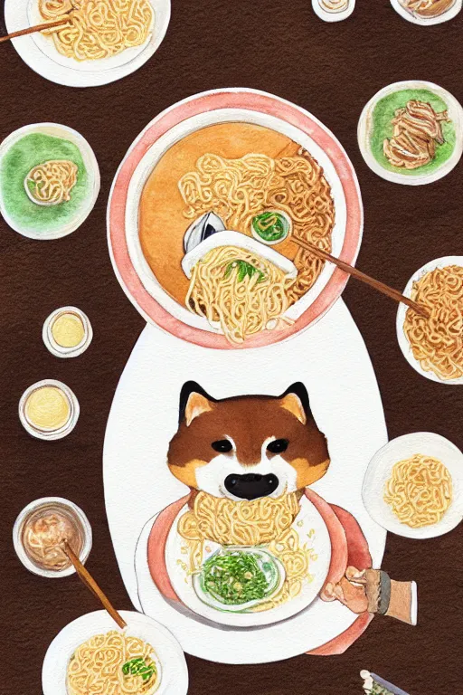 Image similar to a portrait of a shiba inu eating ramen on a dinner table, watercolor, studio ghibli, studio ghibli color palette, artistic