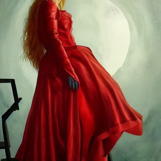 Prompt: a striking hyper real painting of Elle Fanning in a red dress, lovecraftian, horror, moonlit,