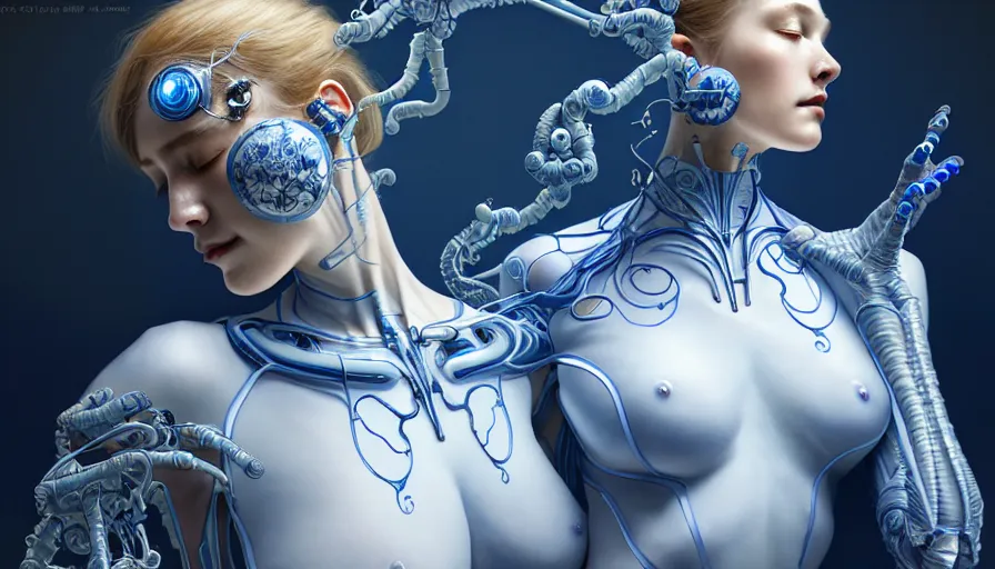 Image similar to organic cyborg, chinese blue and white porcelain, diffuse lighting, fantasy, intricate, elegant, highly detailed, lifelike, photorealistic, digital painting, artstation, illustration, concept art, smooth, sharp focus, by john collier and albert aublet and krenz cushart and artem demura and alphonse mucha. h 8 9 6