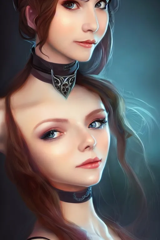 Image similar to portrait of a gorgeous young female artificer, looking at camera, D&D, choker on neck, stylish dress, mouth slightly open, cute slightly nerdy smile, very long flowing hair, intricate, elegant, stylish, fantasy, extremely detailed, digital painting, artstation, concept art, smooth, sharp focus, illustration, stunning lighting, art by artgerm and greg rutkowski and alphonse mucha and simon stalenhag