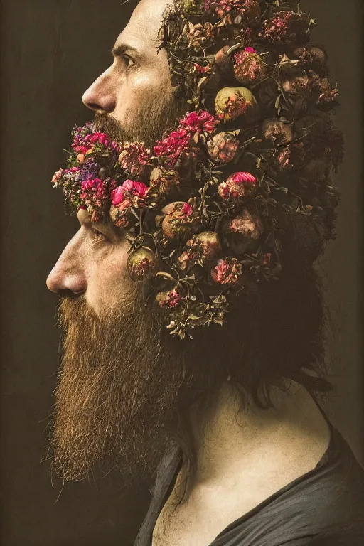 Prompt: a man's face in profile, long beard, made of flowers and fruit, in the style of the Dutch masters and Gregory crewdson, dark and moody, melancholy