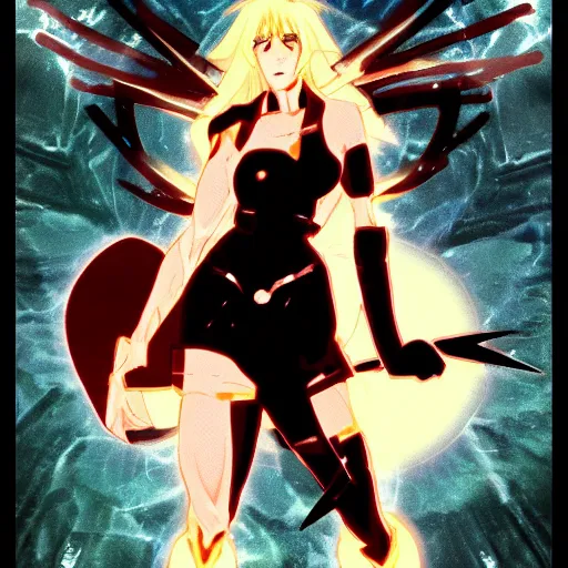 Prompt: cyborg goddess of destruction angry anime