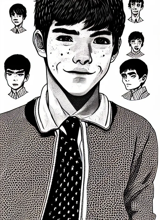 Image similar to portrait of teenage archie andrews, freckles, varsity jacket, intricate, highly detailed, illustration, art by junji ito, junji ito