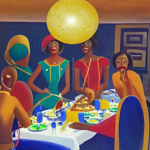 Prompt: dark skinned people eating at a regal buffet ultra detailed beautiful setting elegant event nigerian party minimalist gold ornaments iridescent lighting glamour in the style of edward hooper and henri matisse yinka shonibare oil painting