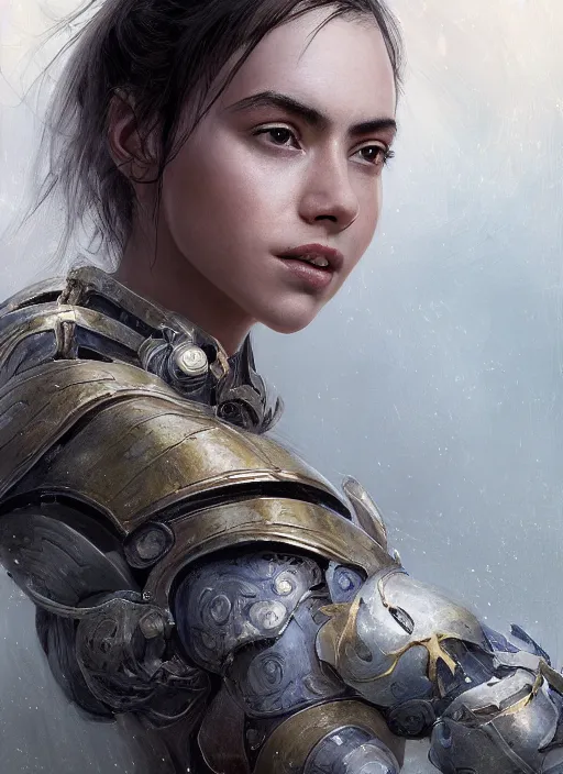 Image similar to a professional portrait of a beautiful young female, clothed in ethereal battle armor, olive skin, long dark hair, beautiful bone structure, symmetrical facial features, intricate, elegant, digital painting, concept art, smooth, sharp focus, finely detailed, illustration, from Valerian and the City of a Thousand Planets, in the style of Ruan Jia and Mandy Jurgens and Artgerm and Greg Rutkowski and William-Adolphe Bouguerea