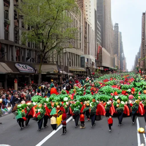 Image similar to a parade of stuffed fruits and vegetables marching down 5 th ave manhattan on st. patrick's day, 8 k, photo realistic, extremely life like