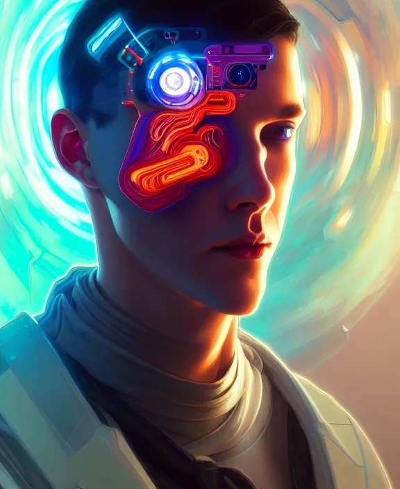 Image similar to a whirlwind inside the metaverse, guy, male, man, hologram, half body, neurochip, android, cyborg, cyberpunk face, by loish, d & d, fantasy, intricate, elegant, highly detailed, colorful, digital painting, artstation, concept art, art by artgerm and greg rutkowski and alphonse mucha