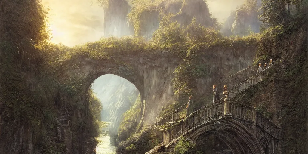 Image similar to Arwen and Aragorn at the bridge in Rivendell in the evening, detailed matte painting, cinematic, Alan Lee, Artstation