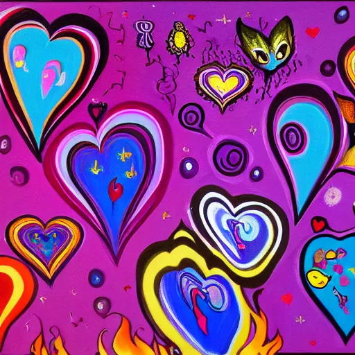Prompt: a highly detailed painting of kitschy purple hearts in flames, inspired by lisa frank, dali, matisse, david hockney, trending on artstation, 4 k