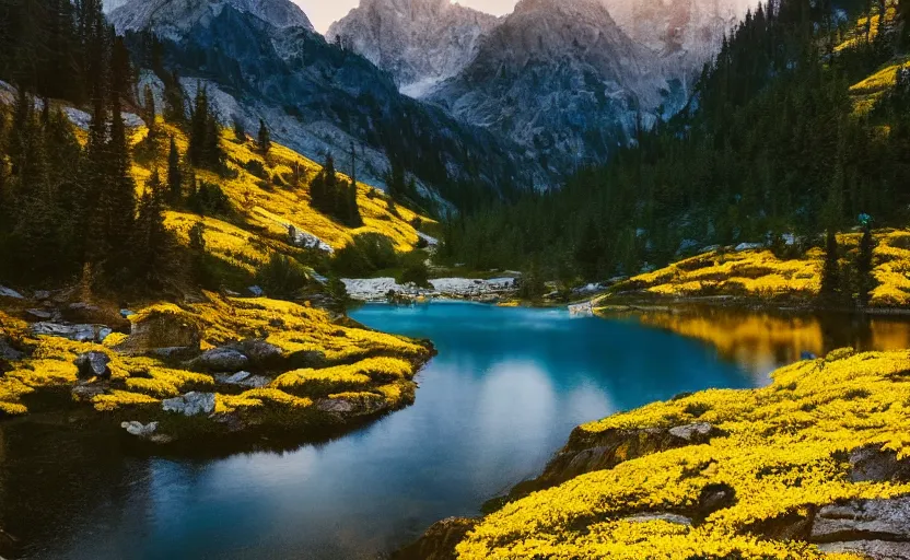 Prompt: photo of epic alpine lake landscape in spring, first light, sparse patches of yellow flowers, cinematic, cinematic, art by michael shainblum,