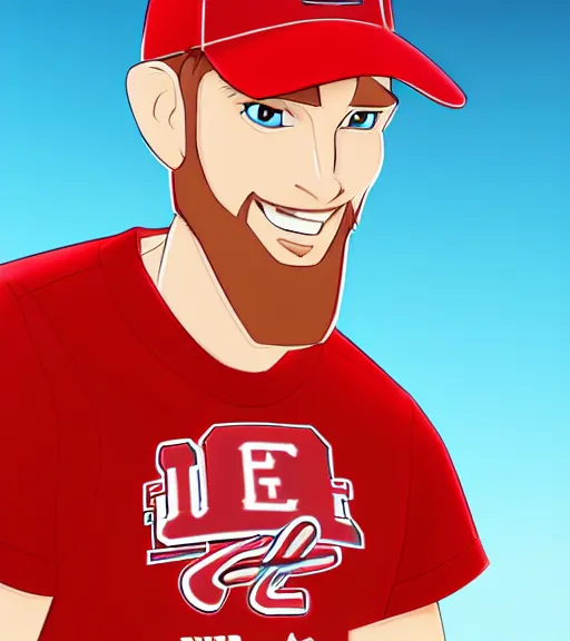 Image similar to tall skinny white guy with very short blonde beard wearing a nc state red baseball cap and red shirt full color digital illustration in the style of don bluth, artgerm, artstation trending, 4 k