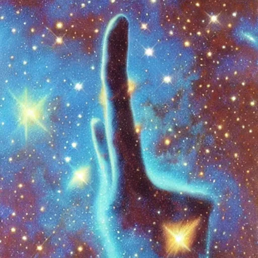 Prompt: a hand made out of nebula, hand in nebula, hand!!!, david a. hardy