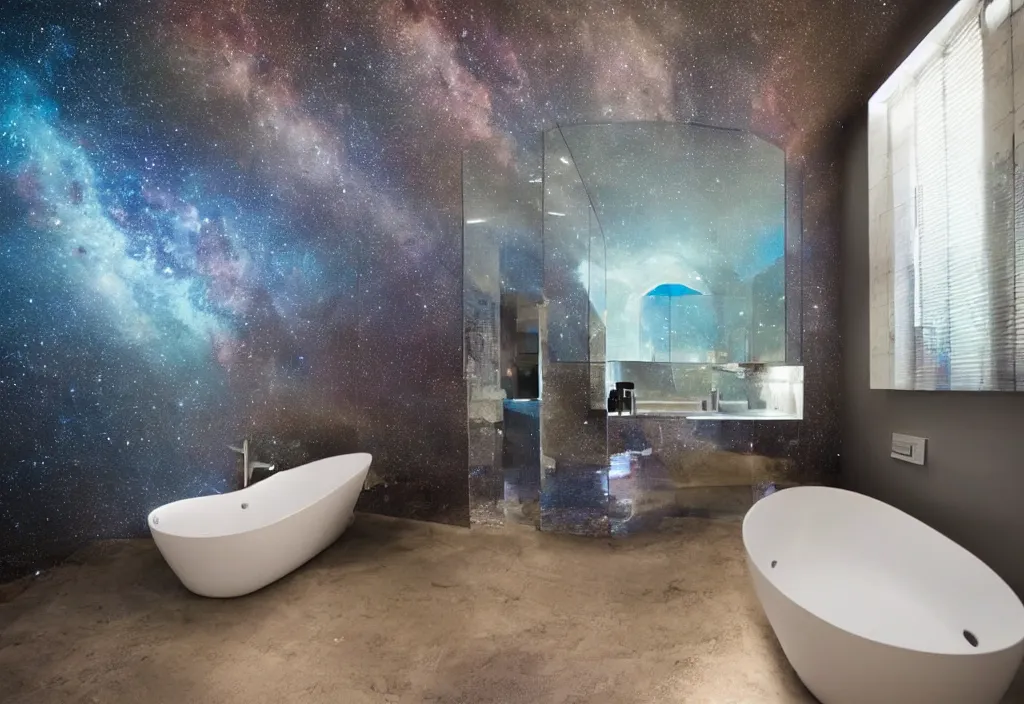 Image similar to a bathroom overlooking the universe