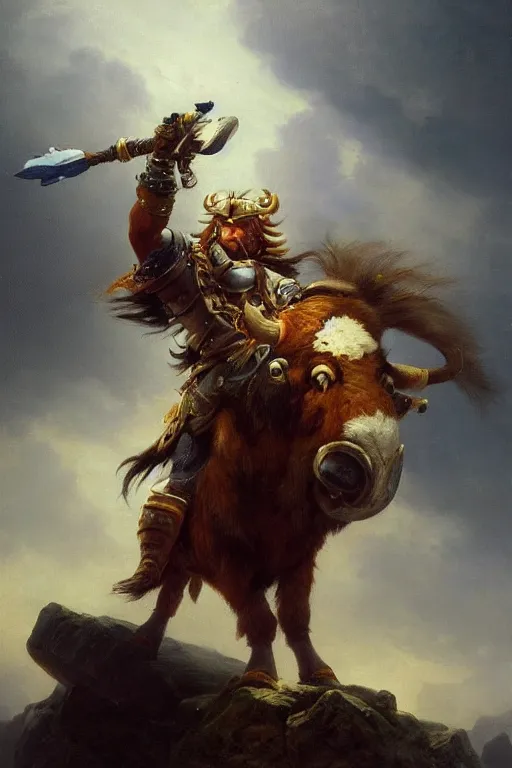 Image similar to oil painting of a tauren wearing full plate armor, in style of ivan aivazovsky, expressive face, detailed face, detailed eyes, full body, feminine face, tracer overwatch,