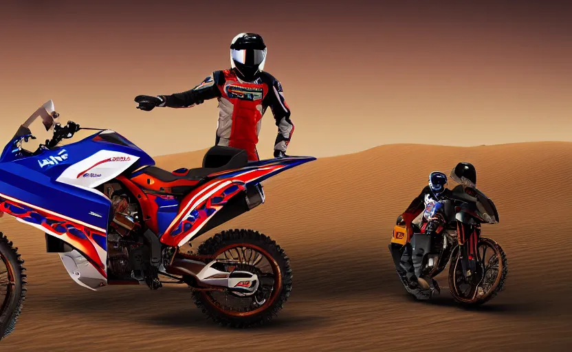 Image similar to prototype, futuristic dakar motorbike, dakar race, sand and desert in background, symmetrical mechanical features, off - road, designed by professional, smooth curvatures, brushed red and blue paint, hard surfaces modelling, dramatic lighting, hyper realistic rendering, octane, depth of field, bokeh effect, 4 k