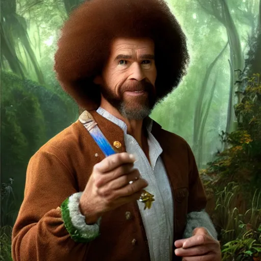 Prompt: an ultra detailed matte painting of bob ross dressed as a wandering elf druid, large alligator animal familiar!!! d & d, fantasy concept art by alphonse mucha and greg rutkowski, octane render, 8 k, detailed face