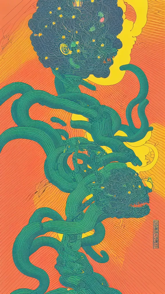 Image similar to a portrait of a lernaean hydra with human heads on an acid trip in a multicoloured rainbow in the cosmos, flat design, screen print by Kawase Hasui and dan hillier, 8k unreal engine