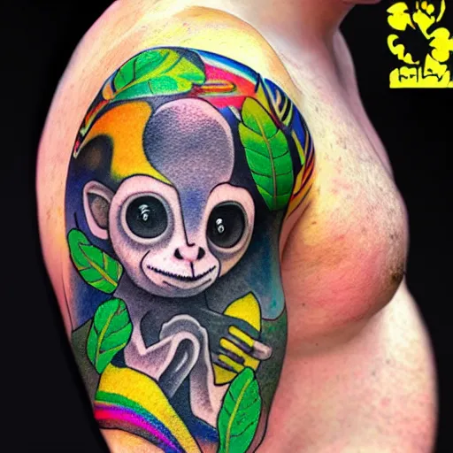 Image similar to shoulder tattoo of a multicolored hallucinogenic cute bush baby, eyes are colorful spirals, surrounded with colorful magic mushrooms and rainbowcolored marihuana leaves, insanely integrate