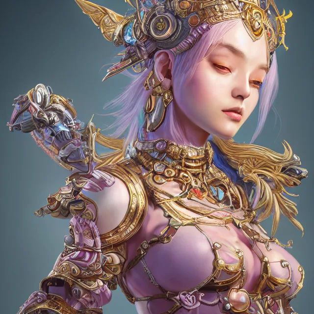 Image similar to studio portrait of lawful good colorful female divine mech paladin as absurdly beautiful, elegant, young sensual gravure idol, ultrafine hyperrealistic detailed face illustration by kim jung gi, irakli nadar, intricate linework, sharp focus, bright colors, matte, octopath traveler, final fantasy, unreal engine highly rendered, global illumination, radiant light, intricate environment