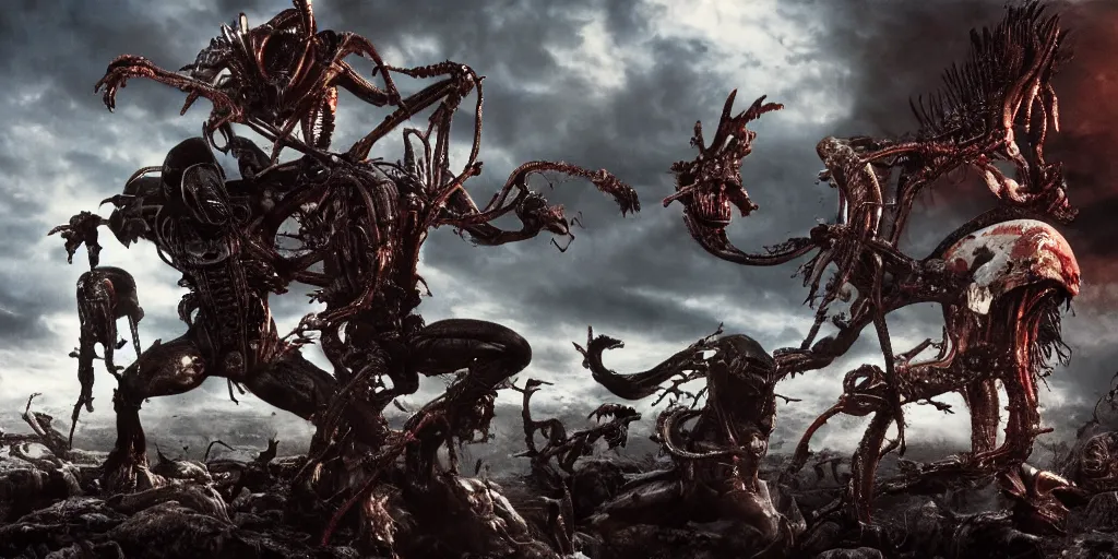Image similar to epic battle scene Alien versus Predator, the last stand, Epic Background, highly detailed, sharp focus, 8k, 35mm, cinematic lighting