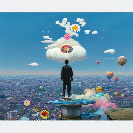 Image similar to a man walking on clouds above kyoto by takashi murakami, beeple and james jean, aya takano color style, 4 k, super detailed