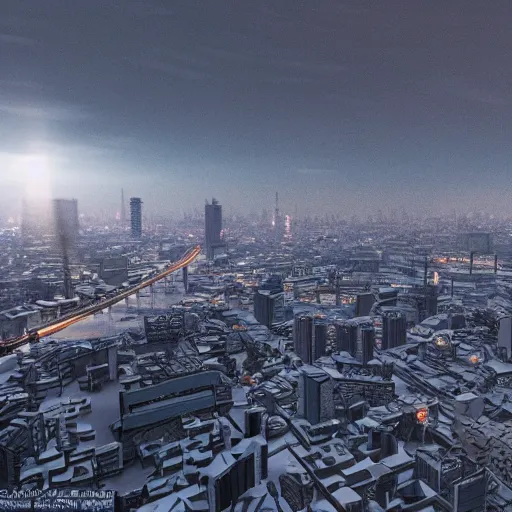 Image similar to Bangkok covered in snow and ice, volumetric lighting, light rays, photorealistic, ultrarealistic, coronarender, 8k