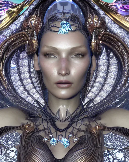 Image similar to a highly detailed metahuman 4 k close up render of an alien goddess bella hadid monument spider in iris van herpen dress schiaparelli in diamonds crystals swarovski and jewelry iridescent in style of alphonse mucha gustav klimt trending on artstation made in unreal engine 4