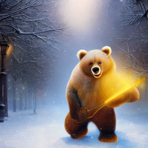 Prompt: smiling brown bear playing yellow triangular Gibson Flying-V electroguitar in hat in winter at streets of Moscow, sharp focus, fantasy style, octane render, volumetric lighting, 8k high definition, by greg rutkowski, highly detailed, trending on art Station