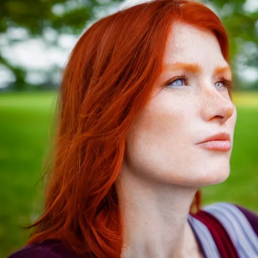 Image similar to close up photo of the left side of the face of a redhead woman who looks directly at the camera. Slightly open mouth. Whole head visible and covers half of the frame, with a park visible in the background. 135mm nikon. Intricate. Very detailed 8k. Sharp. Cinematic post-processing.