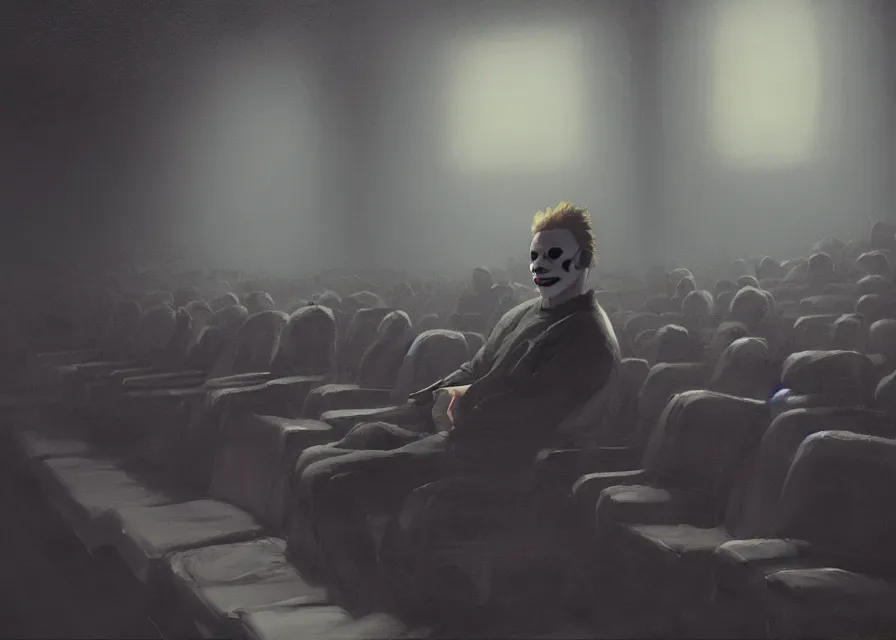 Prompt: painting of Michael Myers sitting in a row of movie theater seats eating popcorn, sharp focus, face focused, trending on ArtStation, masterpiece, by Greg Rutkowski, by Ross Tran, by Fenghua Zhong, octane, soft render, oil on canvas, moody lighting, high contrast, dark room, cinematic, professional environmental concept art