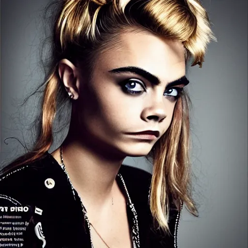 Prompt: portrait of beautiful cara delevingne with a 1 9 8 0's punk hairstyle by mario testino, headshot, detailed, award winning, sony a 7 r