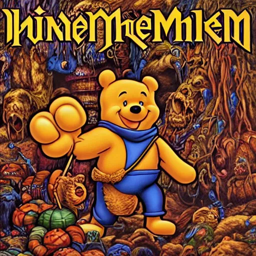 Prompt: winnie the poo on iron maiden album cover, 8 k resolution hyperdetailed photorealism