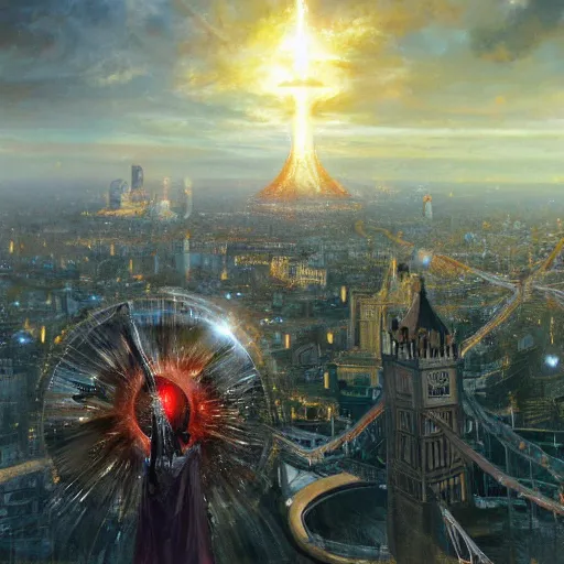 Image similar to eye of sauron looks over london by raymond swanland, highly detailed, bright tones