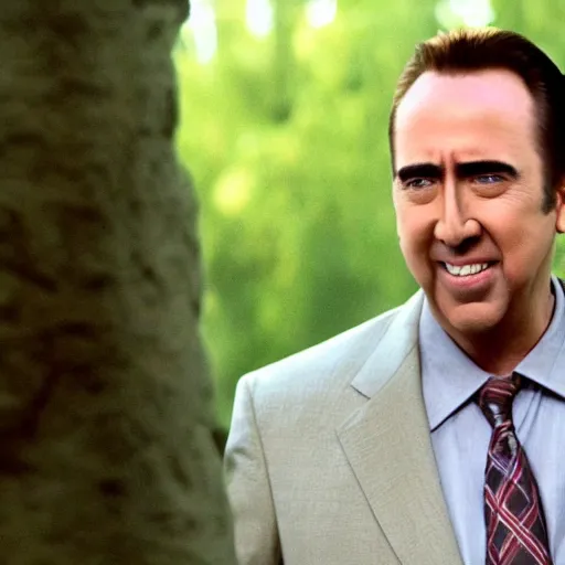 Image similar to A still of Nicholas Cage. Medium shot. He's smiling and looking into the camera.