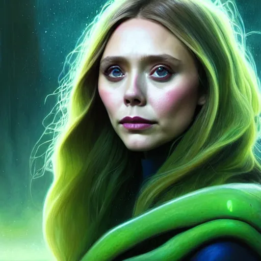 Image similar to portrait painting of elizabeth olsen with green skin and pointy ears wearing sci - fi clothes as a skrull, ultra realistic, concept art, intricate details, eerie, highly detailed, photorealistic, octane render, 8 k, unreal engine. art by artgerm and greg rutkowski and charlie bowater and magali villeneuve and alphonse mucha