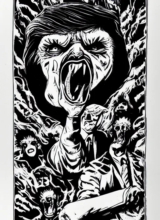 Image similar to Donald Trump's disgusting true form on a 1970s horror movie poster, inking, vintage 70s print, detailed, scary, horror, screen print, trending on artstation