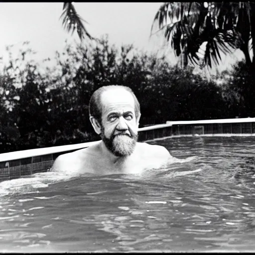 Prompt: george carlin swimming in a pool, photography, silly,