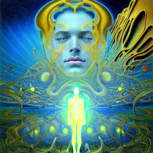 Image similar to realistic extremely detailed portrait painting of a glowing male silhouette, futuristic sci-fi landscape on background by Jean Delville, Amano, Yves Tanguy, Alphonse Mucha, Ernst Haeckel, Edward Robert Hughes, Roger Dean, rich moody colours, blue eyes