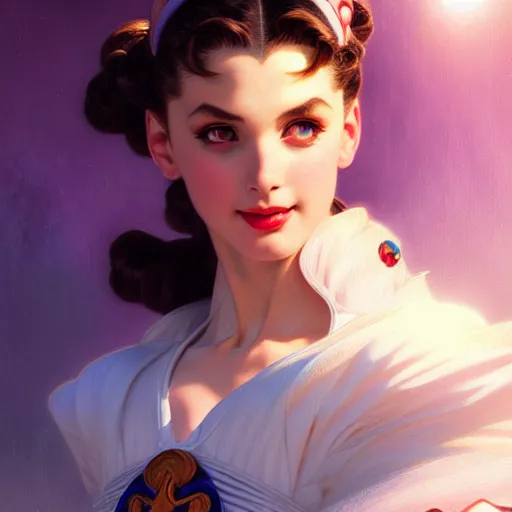 Prompt: head and shoulders Portrait of Sailor Moon, dark fantasy, medium shot, intricate, elegant, highly detailed, digital painting, volumetric light, artstation, concept art, smooth, sharp focus, illustration, art by Gil Elvgren and Greg Rutkowski and Alphonse Mucha