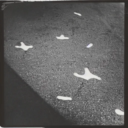 Image similar to wide-shot, low-angle eyesight, first-person!! chain of cat paw prints on fresh cement at the street, polaroid photo, by Andy Warhol