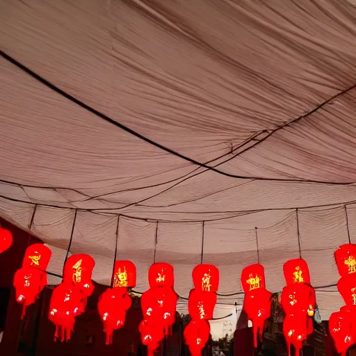 Image similar to a tiny night club with five red chinese lanterns, people's silhouettes close up, wearing white t - shirts that glow in the dark, minimalism, darkness