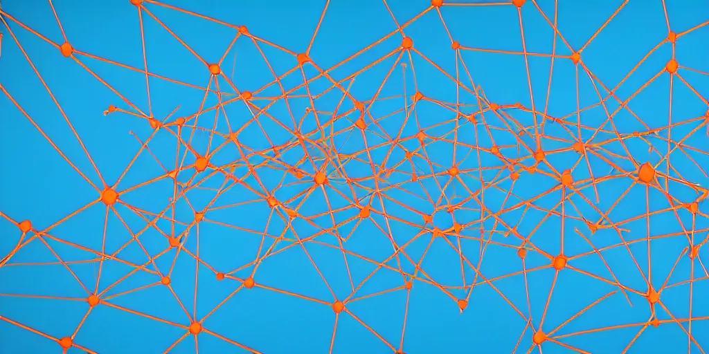 Prompt: Nodes connected to a cloud in the middle, network pattern at the background. Minimalistic design, contemporary design, abstract design. Parallax. Blue, cyan and orange palette. Vivid, 8K, Epic, Masterpiece