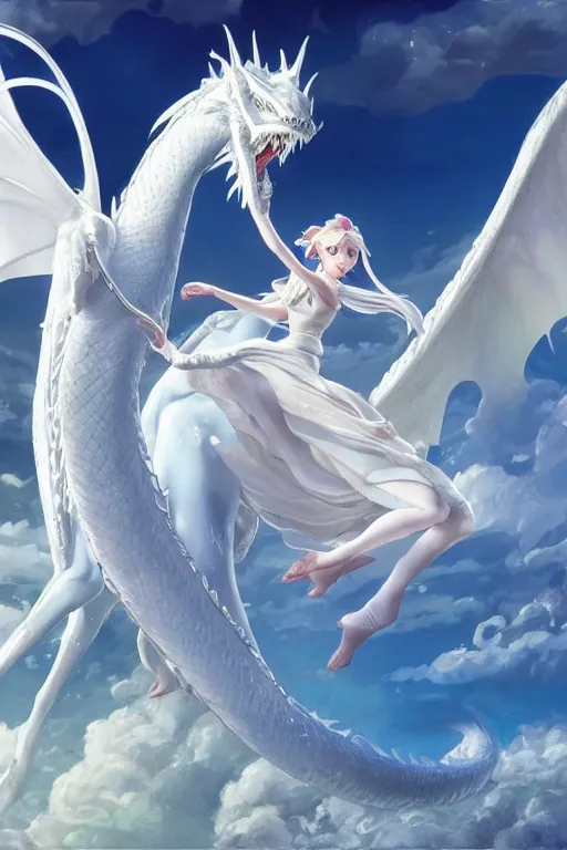 Image similar to beautiful scene render that a princess ride on a huge silver white dragon back, finely detailed angelic face delicate features directed gaze, in the fairyland surrounded by white clouds, style of makoto shinkai, raphael lacoste, louis comfort tiffany, artgerm, james jean, ross tran, 8 k hd, ultra wide angle, animation style, hyper detailed