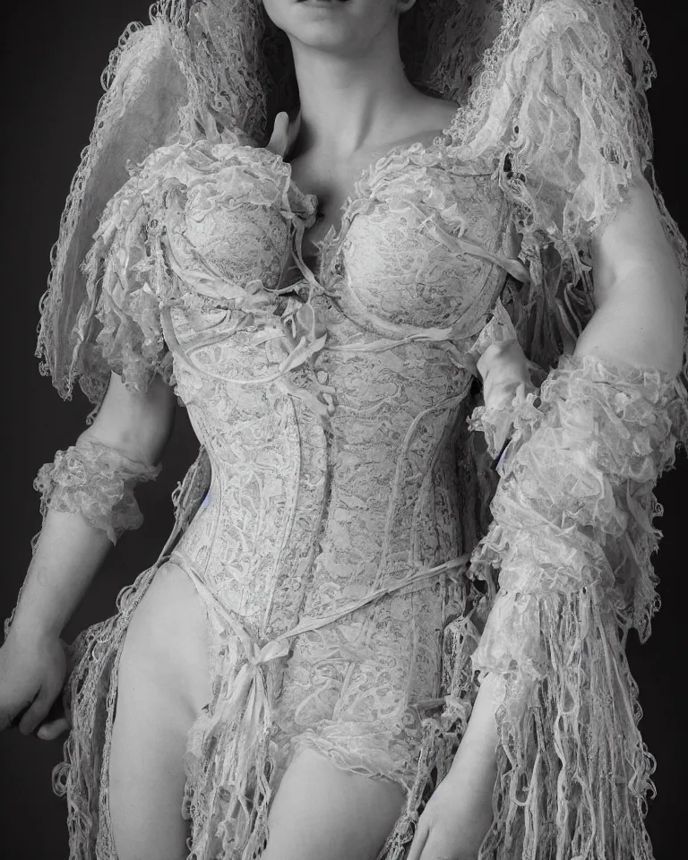 Image similar to a renaissance styled baroque photograph of an anatomically correct woman angel wearing an intricate lace corset by aj hamilton