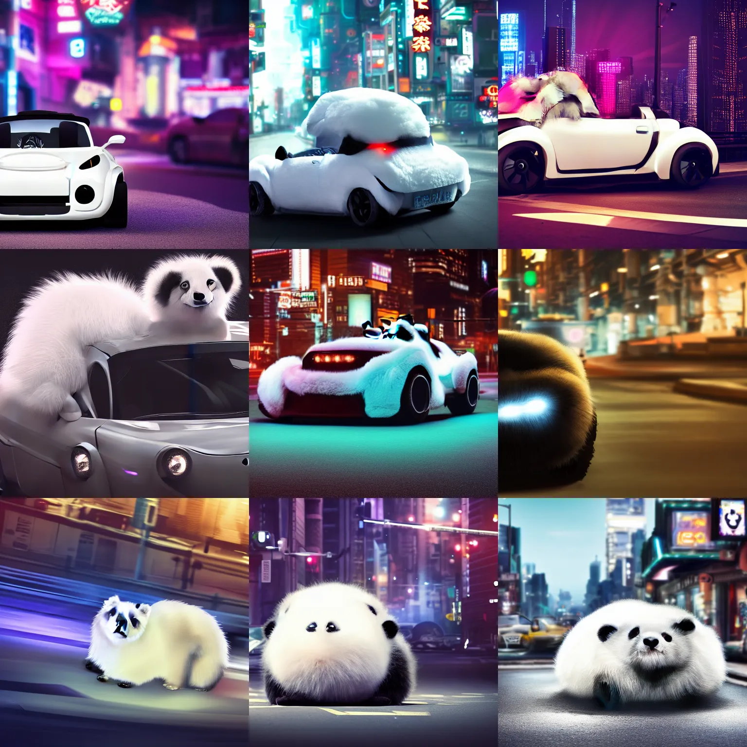 Prompt: a fluffy roadster covered with white fur and in the style of a panda, with cool headlights and two fluffy ears, parking in the street, Cyberpunk, neon light, 4k, hd, highly detailed